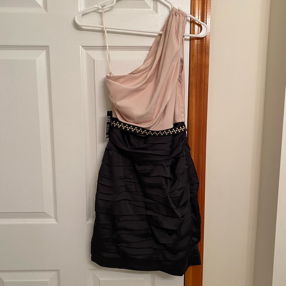 Express One Shoulder Dress with belt, beige top black bottom size 2